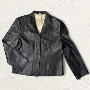 Women’s Black Real Leather Blazer Jacket W Full Sleeves & Button Closure Size M